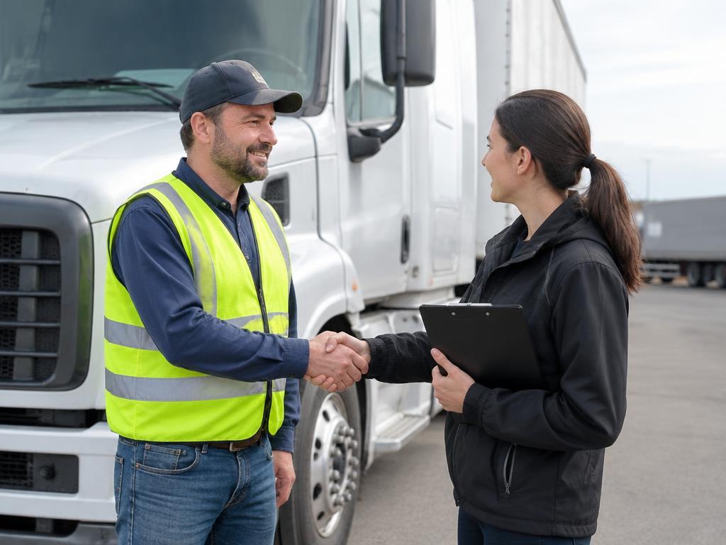 Truck driver in a high-visibility vest shaking hands with a dispatcher beside a semi truck