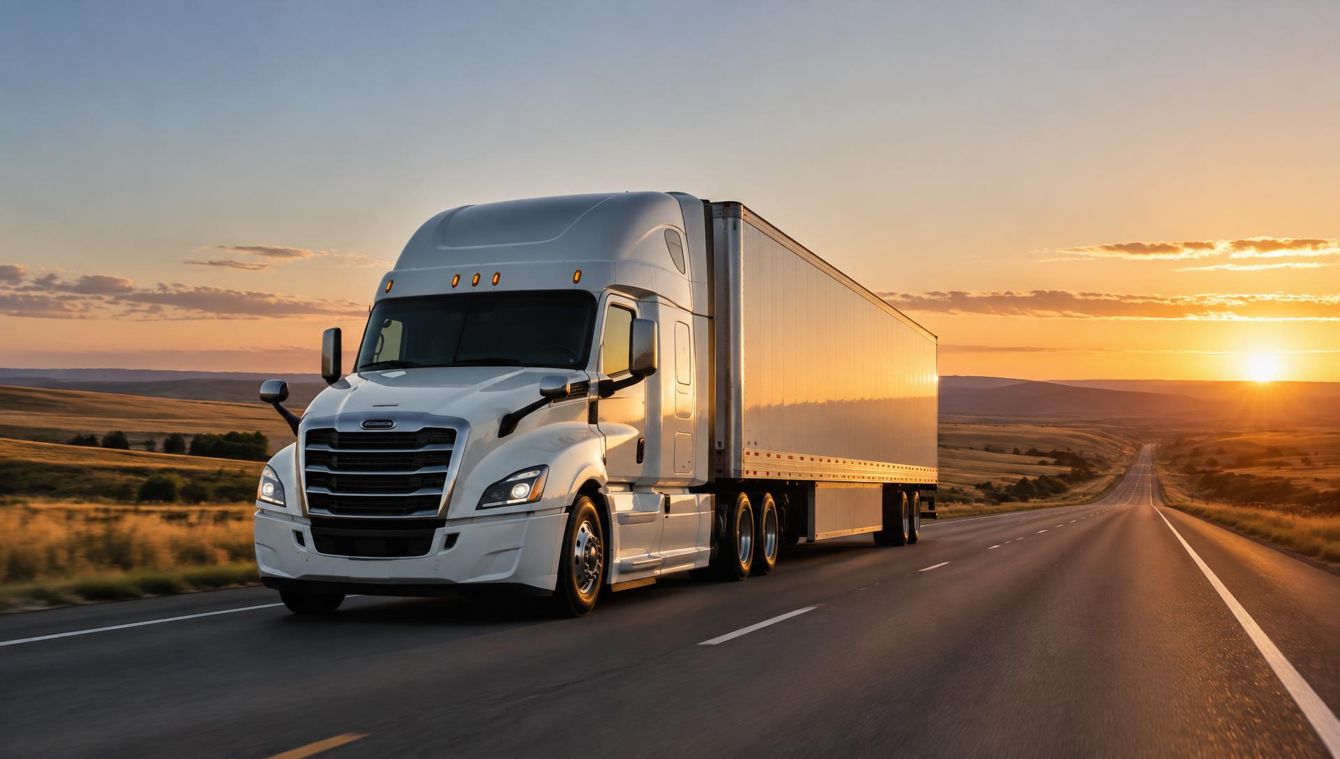 Modern semi-truck hauling a dry van trailer along an open North American highway at sunset