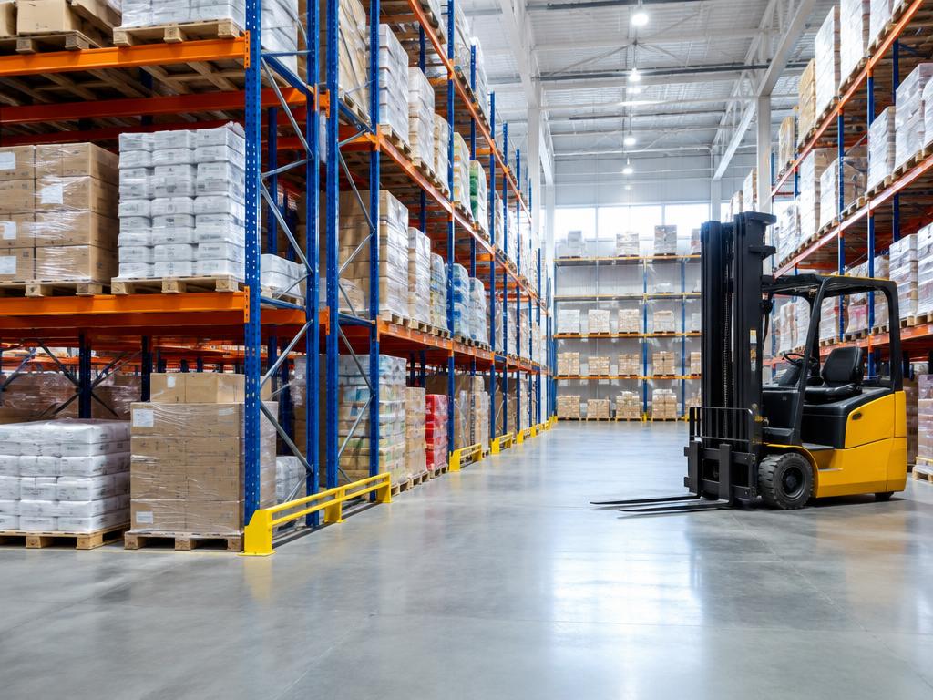 Interior of a large distribution warehouse with palletized goods and a forklift